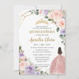 Quinceañera Paarse Blush Bloemen Roos Gouden Jurk Kaart