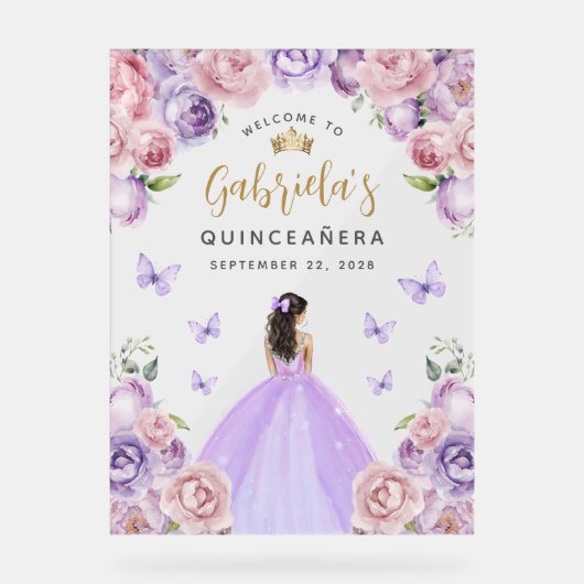 Quinceañera Paarse Blush Gold Bloemen Welkom Acryl Bord (Voorkant)