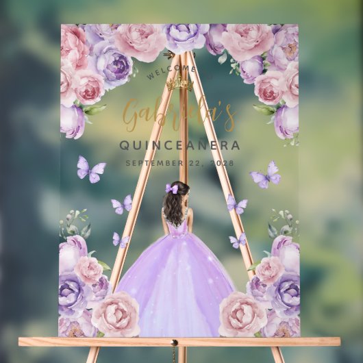Quinceañera Paarse Blush Gold Bloemen Welkom Acryl Bord (Neutraal)