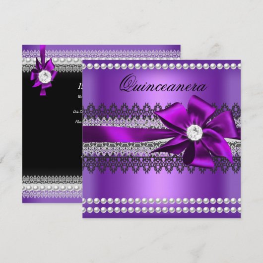 Quinceanera Paarse Bow Black Pearl Lace Diamond Kaart (Voorkant / Achterkant)