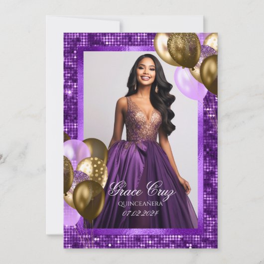 Quinceañera Paarse en gouden uitnodiging (Voorkant)