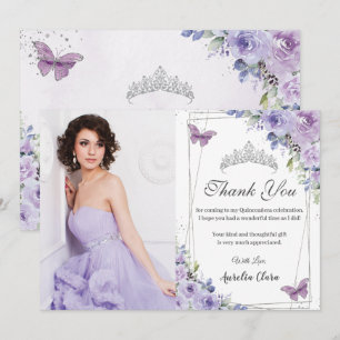 Quinceañera Paarse Floral Butterflies 16 Birthday Bedankkaart