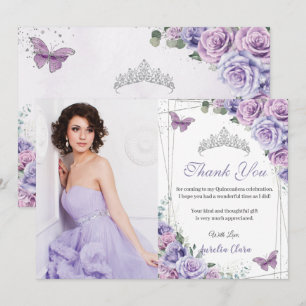 Quinceañera Paarse Floral Butterflies 16 Birthday Bedankkaart