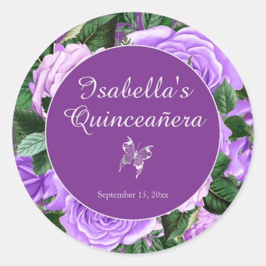 Quinceañera Paarse  Floral Butterfly Ronde Sticker (Voorkant)