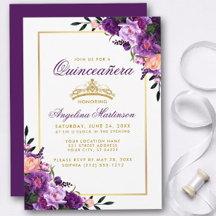 Quinceanera Paarse Floral Gold Crown Invite P Kaart