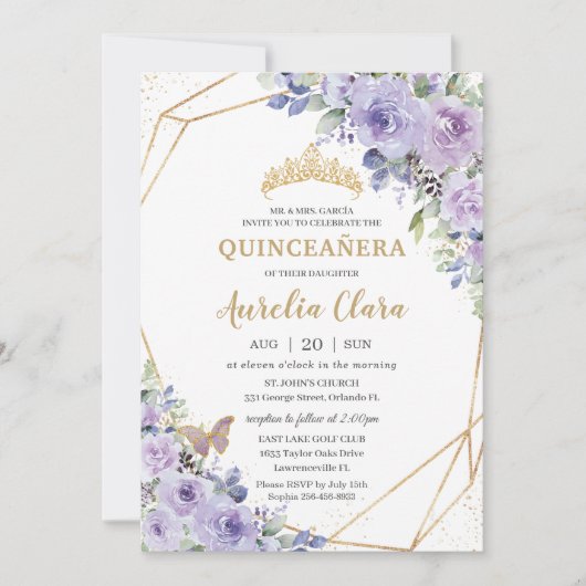 Quinceañera Paarse Floral Princess Crown Butterfly Kaart (Voorkant)