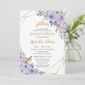 Quinceañera Paarse Floral Princess Crown Butterfly Kaart (Staand voorkant)