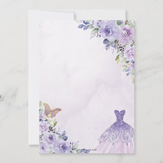 Quinceañera Paarse Floral Princess Gown Tiara Invi Kaart (Achterkant)