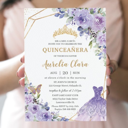 Quinceañera Paarse Floral Princess Gown Tiara Invi Kaart