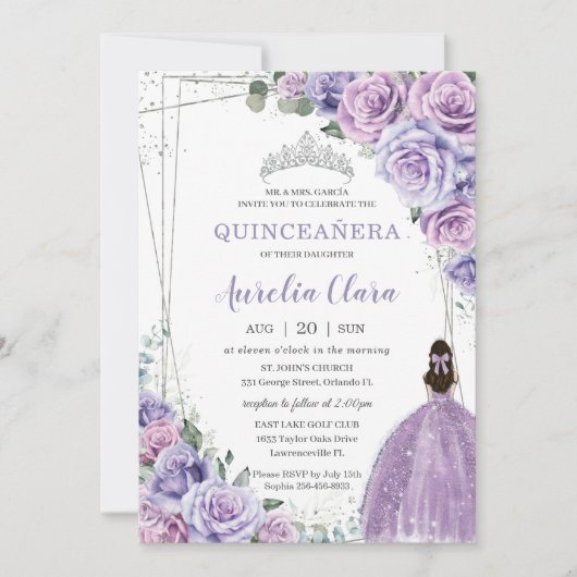 Quinceañera Paarse Floral Princess Silver Birthday Kaart (Voorkant)