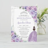 Quinceañera Paarse Floral Princess Silver Birthday Kaart (Staand voorkant)