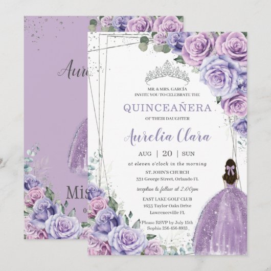 Quinceañera Paarse Floral Princess Silver Birthday Kaart (Voorkant / Achterkant)