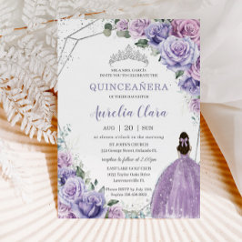 Quinceañera Paarse Floral Princess Silver Birthday Kaart