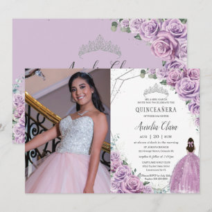 Quinceañera Paarse Floral Princess Silver Birthday Kaart