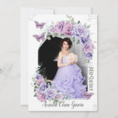Quinceañera Paarse Floral Rozen Butterflies Foto Kaart (Voorkant)