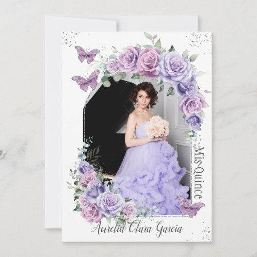 Quinceañera Paarse Floral Rozen Butterflies Foto Kaart (Voorkant)