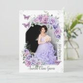 Quinceañera Paarse Floral Rozen Butterflies Foto Kaart (Staand voorkant)