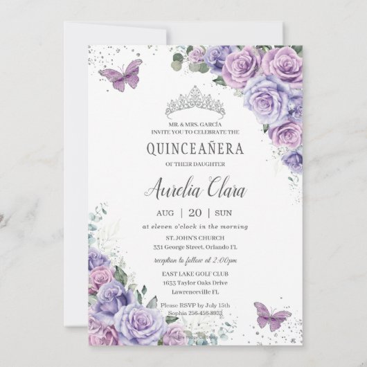 Quinceañera Paarse Floral Rozen Butterflies Foto Kaart (Achterkant)