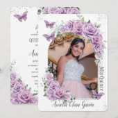 Quinceañera Paarse Floral Rozen Butterflies Foto Kaart (Voorkant / Achterkant)