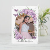 Quinceañera Paarse Floral Rozen Butterflies Foto Kaart (Staand voorkant)