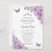 Quinceañera Paarse Floral Rozen Butterflies Foto Kaart (Achterkant)