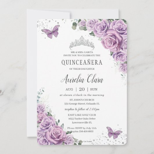 Quinceañera Paarse Floral Rozen Butterflies Foto Kaart (Achterkant)