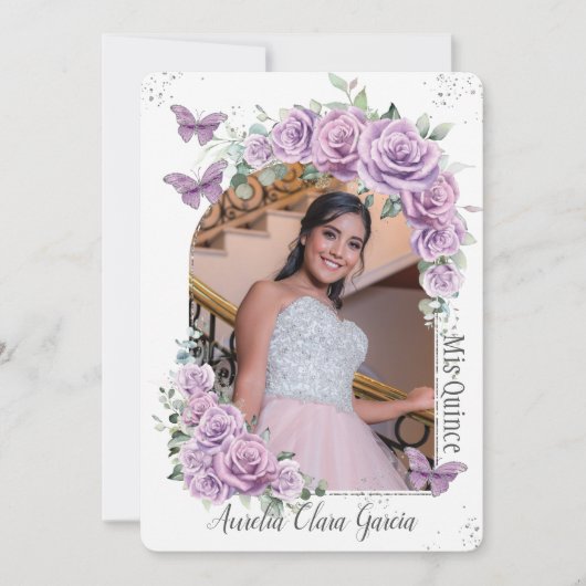 Quinceañera Paarse Floral Rozen Butterflies Foto Kaart (Voorkant)