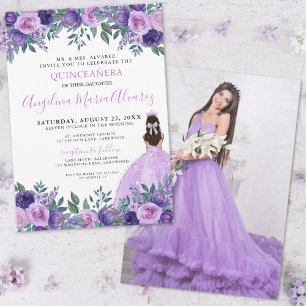 Quinceanera Paarse Foto Bloemen Kaart