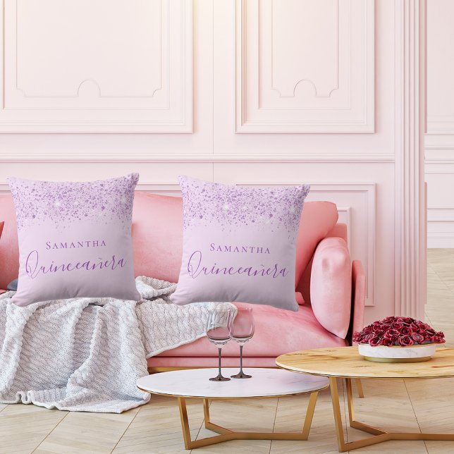 Quinceanera paarse glitter druppelt monogram kussen (Creator heeft geüpload)