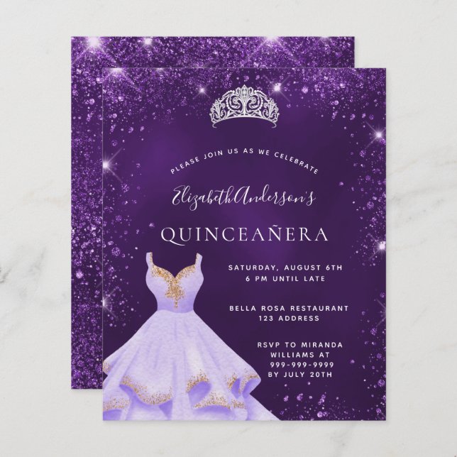 Quinceanera paarse glitter jurk tiara uitnodiging (Voorkant / Achterkant)