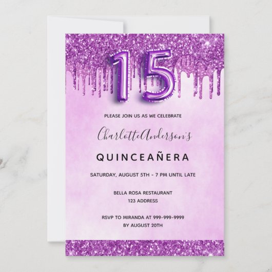 Quinceanera paarse glitter roze elegant kaart (Voorkant)