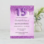 Quinceanera paarse glitter roze elegant kaart (Staand voorkant)