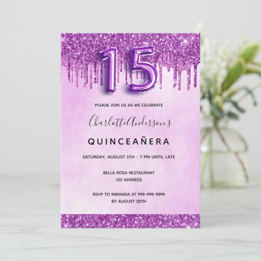 Quinceanera paarse glitter roze elegant kaart (Staand voorkant)