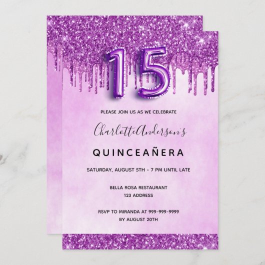 Quinceanera paarse glitter roze elegant kaart (Voorkant / Achterkant)