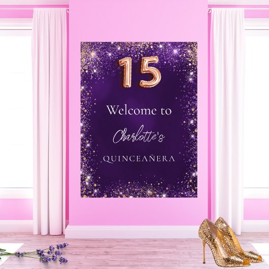 Quinceanera paarse glitter schittert welkom poster