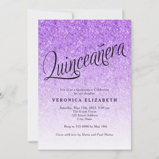 Quinceanera Paarse Glitter Verjaardagsuitnodiging Kaart (Voorkant)