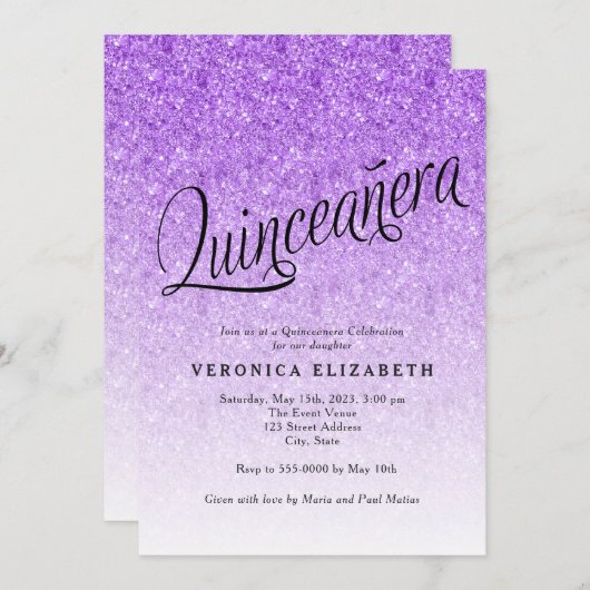 Quinceanera Paarse Glitter Verjaardagsuitnodiging Kaart (Voorkant / Achterkant)