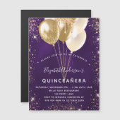 Quinceanera paarse goudballonnen luxe magnetische uitnodiging (Voorkant / Achterkant)
