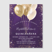 Quinceanera paarse goudballonnen luxe magnetische uitnodiging (Voorkant)