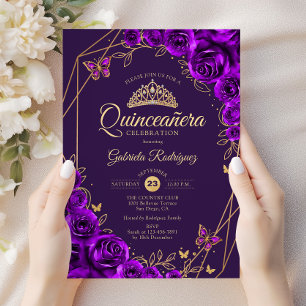 Quinceanera Paarse Gouden Bloem Kaart