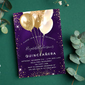 Quinceanera paarse gouden glitterballonnen uitnodiging briefkaart