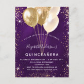 Quinceanera paarse gouden glitterballonnen uitnodiging briefkaart (Voorkant)