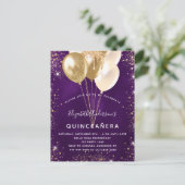 Quinceanera paarse gouden glitterballonnen uitnodiging briefkaart (Staand voorkant)
