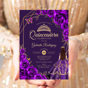Quinceanera Paarse Gouden Jurk Bloem Kaart