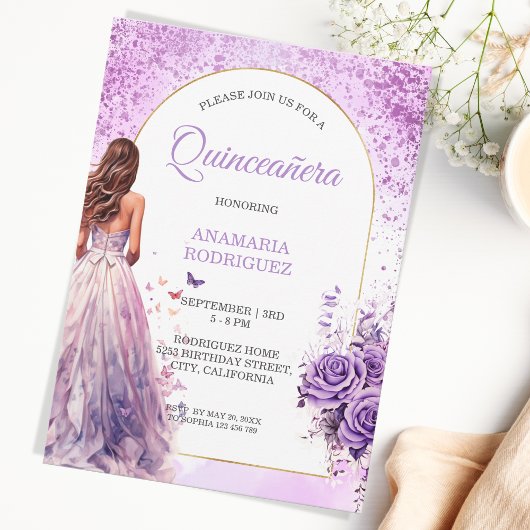 Quinceañera Paarse jurk Bloemenboog Vlinders Kaart