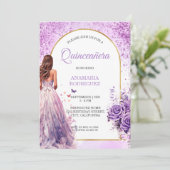 Quinceañera Paarse jurk Bloemenboog Vlinders Kaart (Staand voorkant)