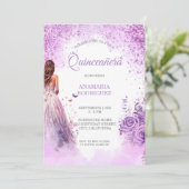 Quinceañera Paarse jurk Bloemenvlinders Kaart (Staand voorkant)