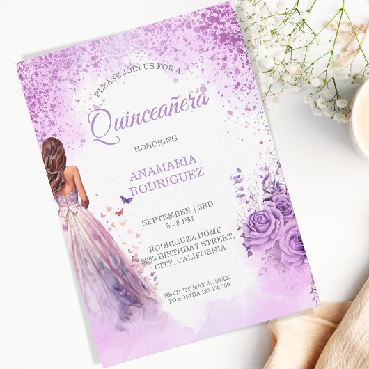 Quinceañera Paarse jurk Bloemenvlinders Kaart