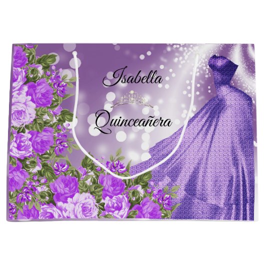 Quinceañera Paarse jurk en bloemen Groot Cadeauzakje (Voorkant)
