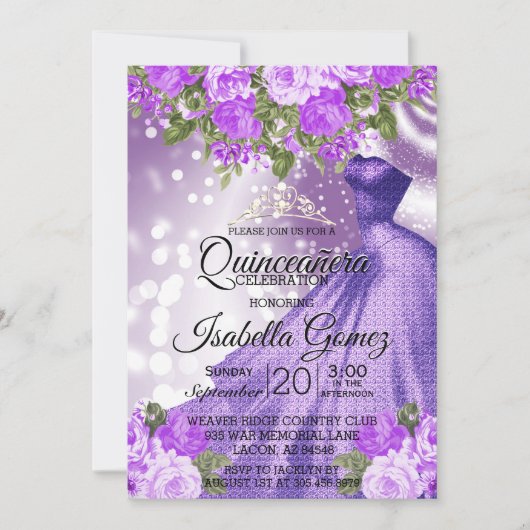 Quinceañera Paarse jurk en bloemen Kaart (Voorkant)